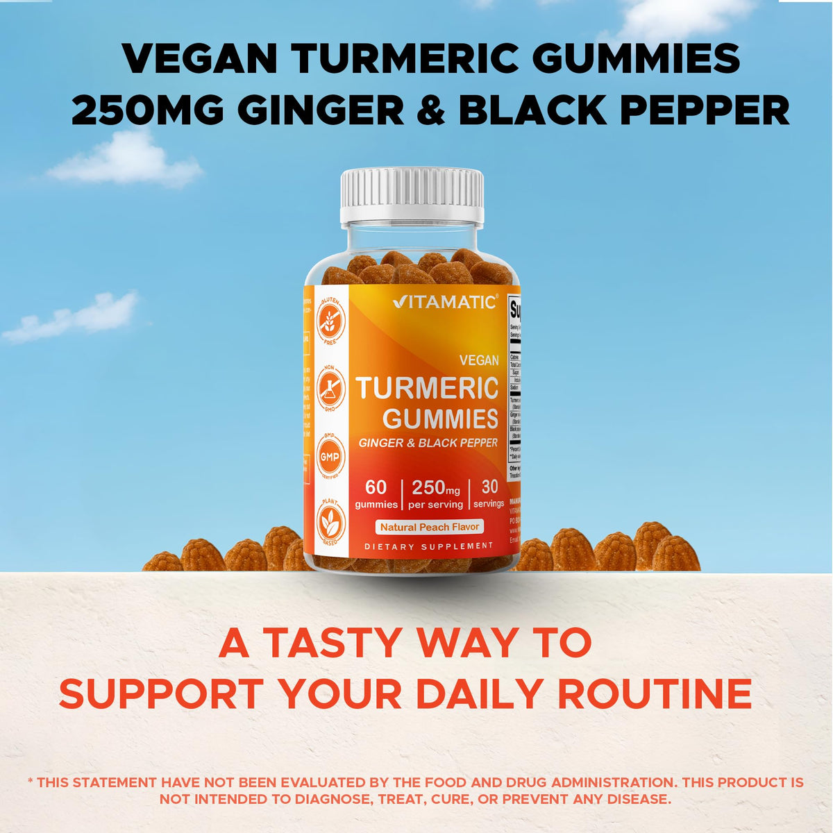 Vitamatic Gummies Vegan Curcuma 250 mg à côté d'un verre d'eau
