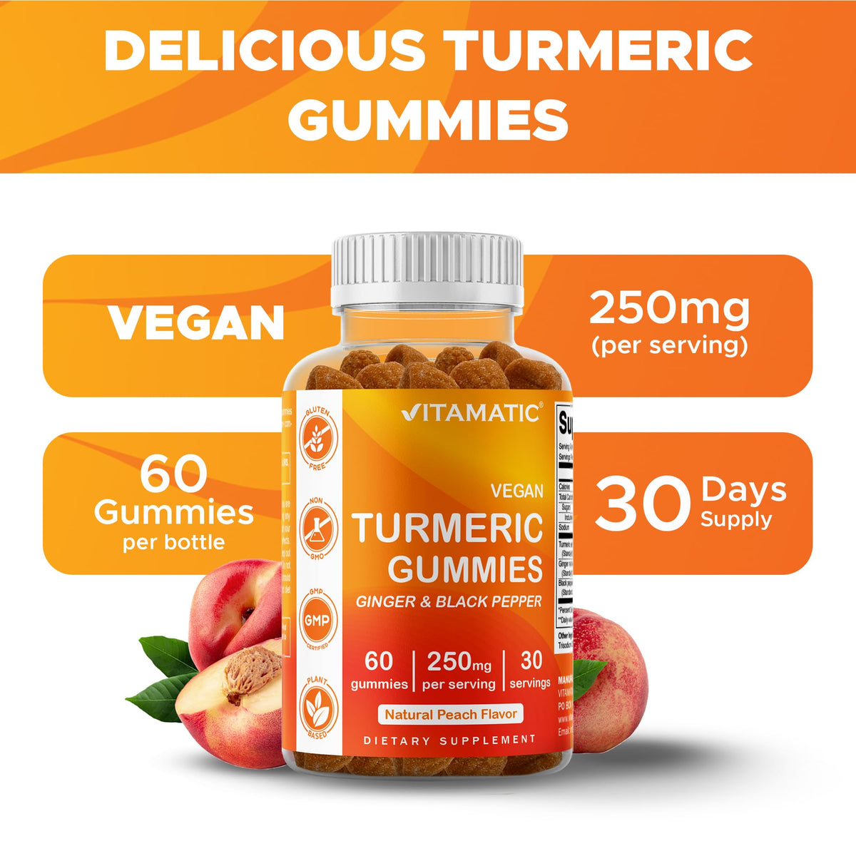 Vitamatic Gummies Vegan Curcuma 250 mg ouvertes montrant les gummies