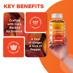 Vitamatic Gummies Vegan Curcuma 250 mg sur une table avec d'autres compléments