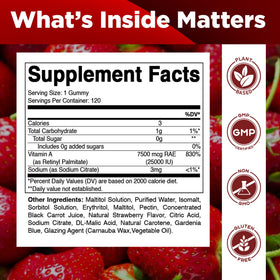 Vitamatic Gummies Vitamine A 25000 UI Saveur Fraise, bouteille ouverte