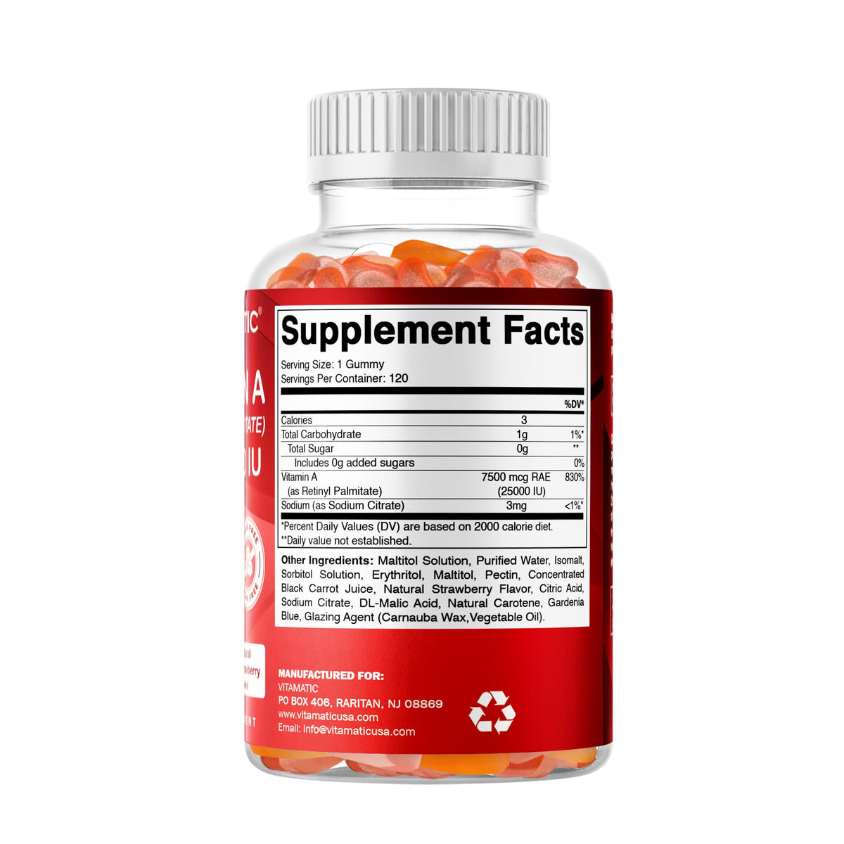 Vitamatic Gummies Vitamine A 25000 UI Saveur Fraise, présentation sur fond blanc
