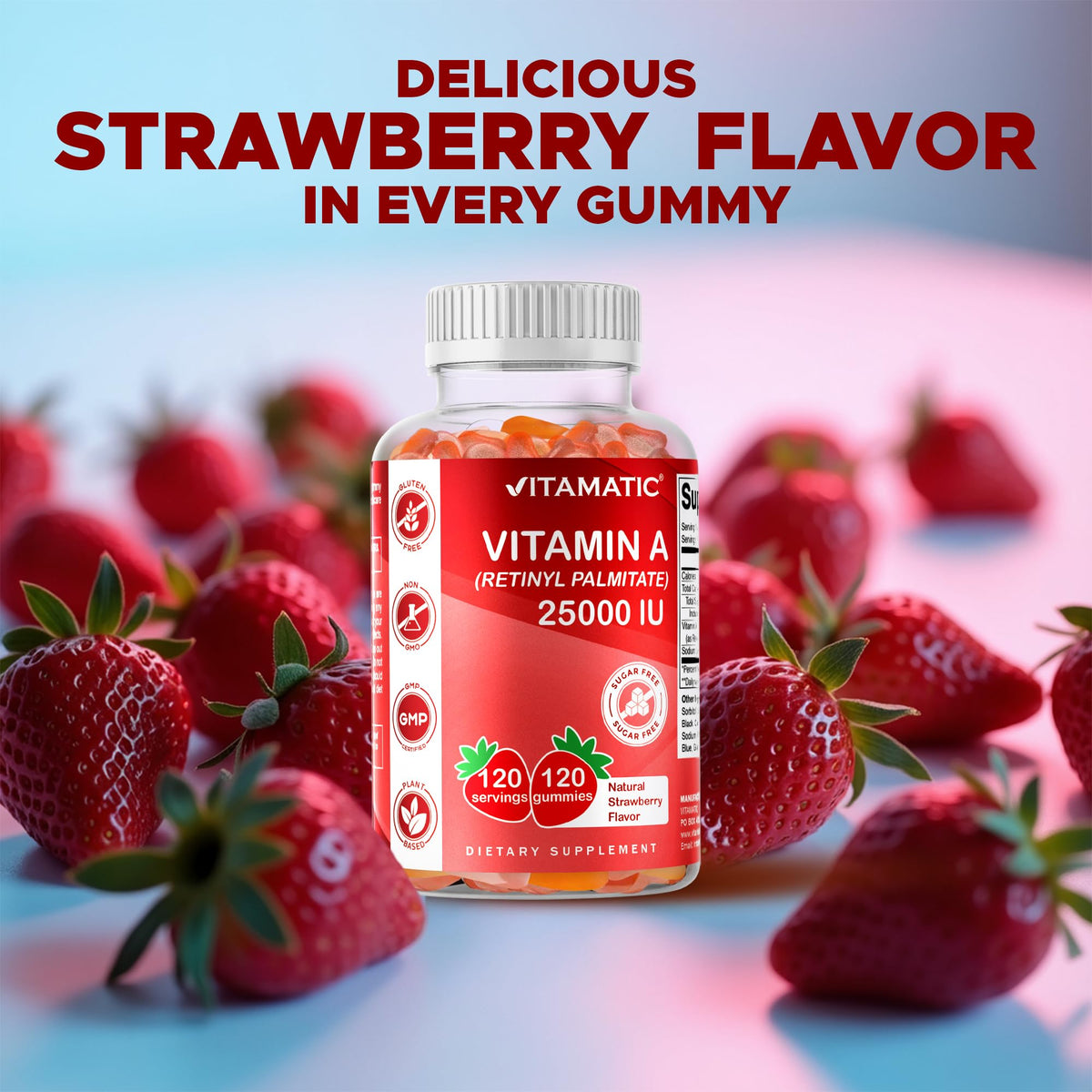 Vitamatic Gummies Vitamine A 25000 UI Saveur Fraise, vue de côté