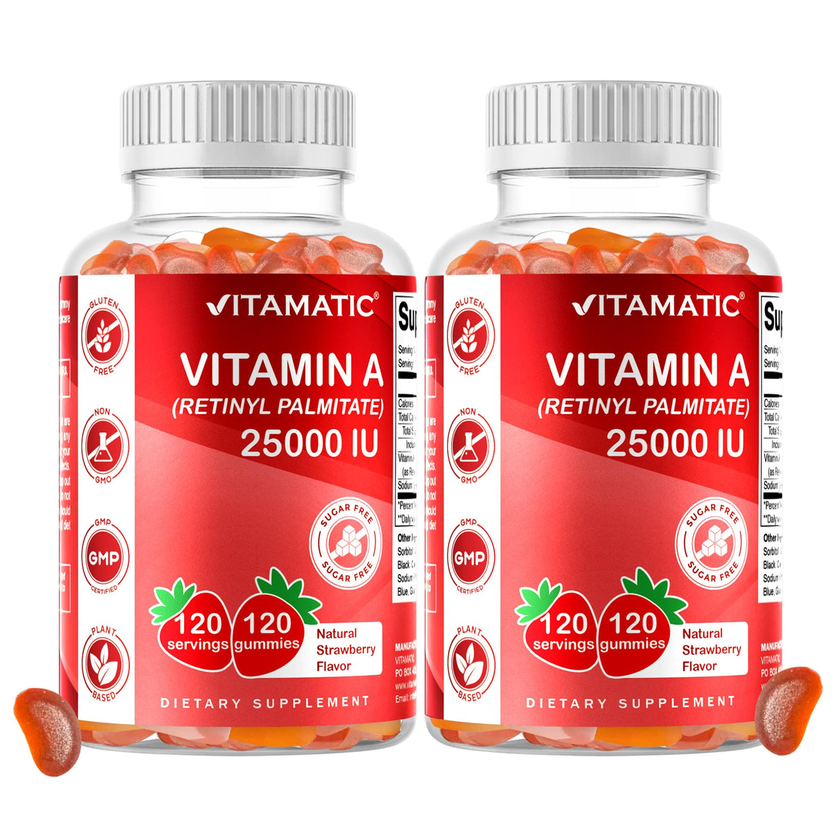 Vitamatic Gummies Vitamine A 25000 UI Saveur Fraise, vue de face