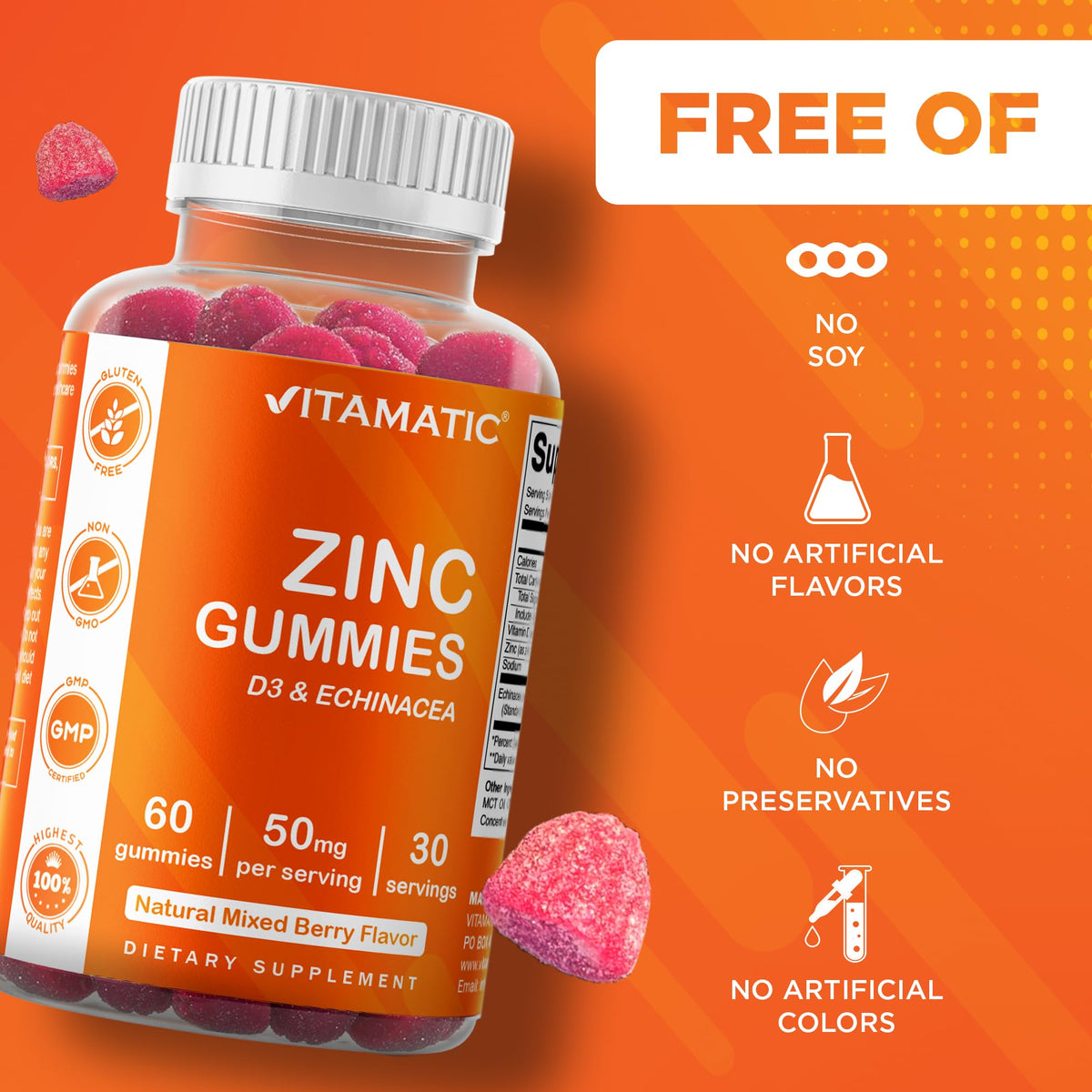 Vitamatic Gummies Zinc, arrière de l'emballage avec ingrédients