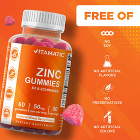 Vitamatic Gummies Zinc, arrière de l'emballage avec ingrédients