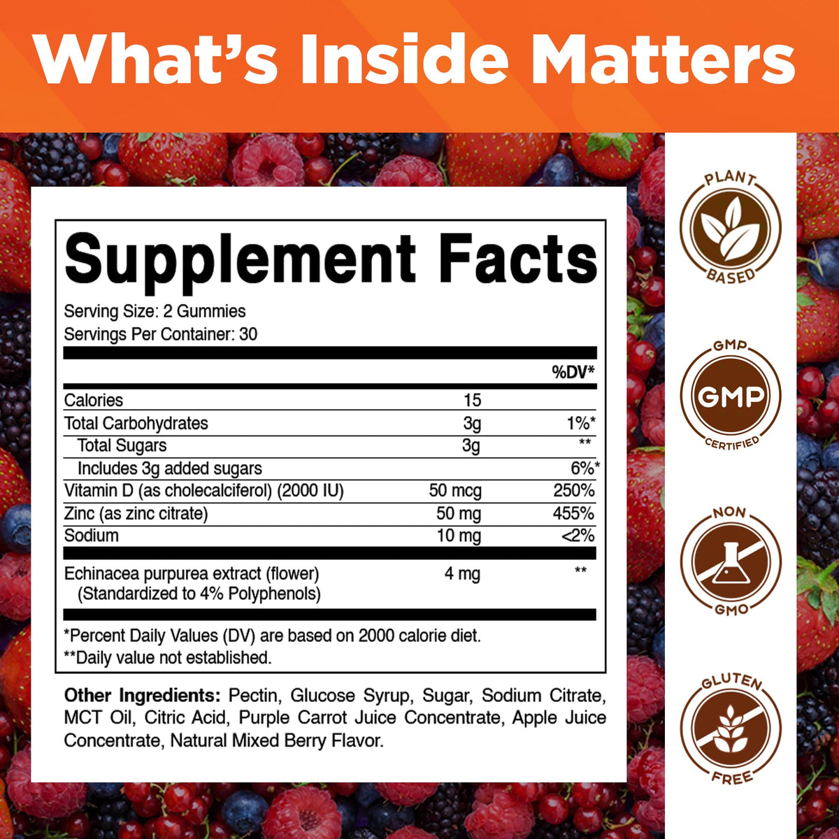 Vitamatic Gummies Zinc avec Vitamine D3 et Échinacée, vue de côté