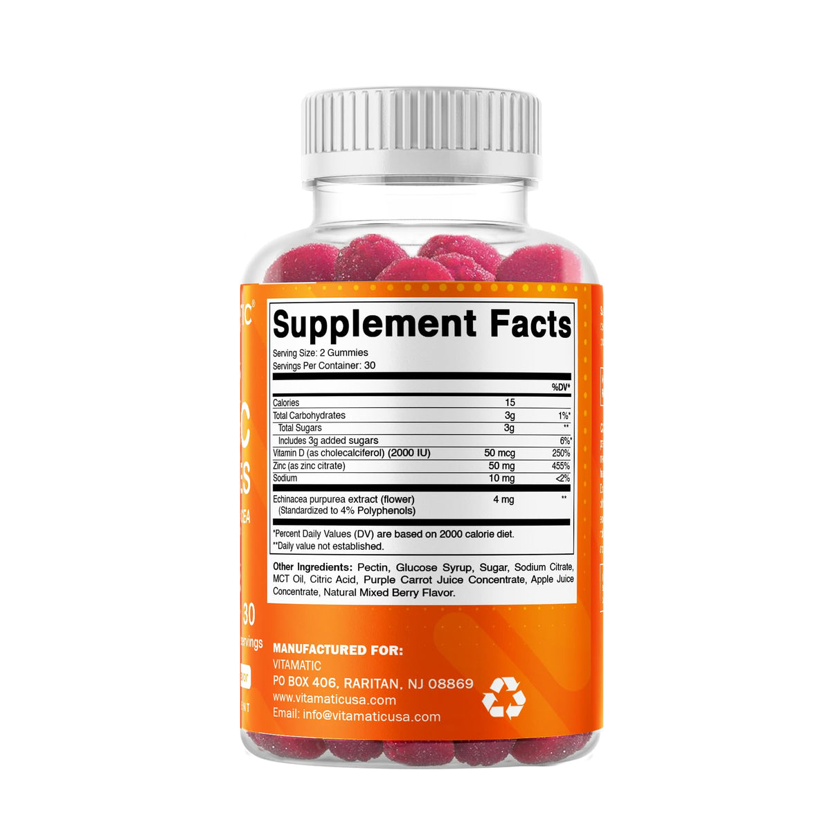Vitamatic Gummies Zinc, emballage ouvert avec gummies visibles