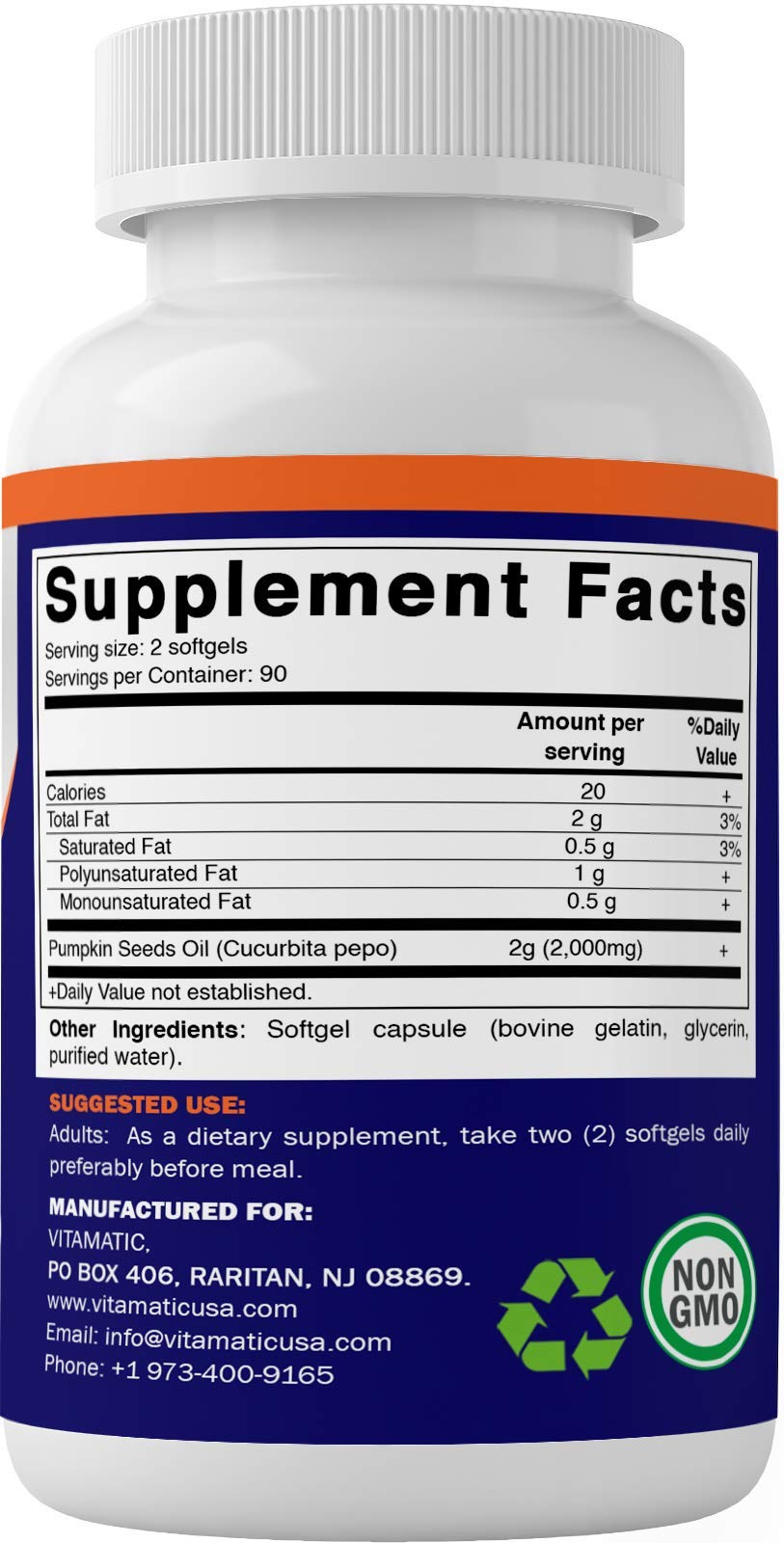 Vitamatic Huile de Pépin de Citrouille 2000 mg gélules à côté d'un verre d'eau