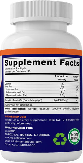 Vitamatic Huile de Pépin de Citrouille 2000 mg gélules à côté d'un verre d'eau