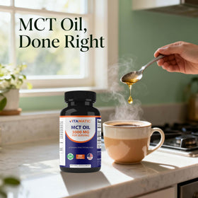 Vitamatic Huile MCT 3000 mg sur un fond blanc