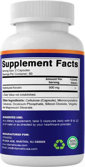 Vitamatic Kératine 500mg gélules sur une table en bois