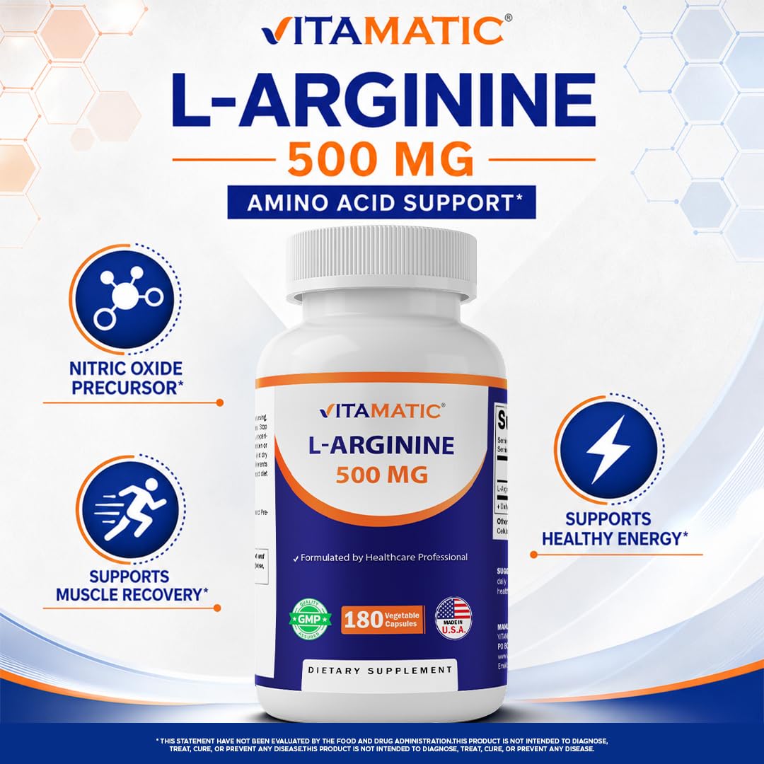 Vitamatic L-Arginine 500mg capsules végétariennes à côté d'une règle