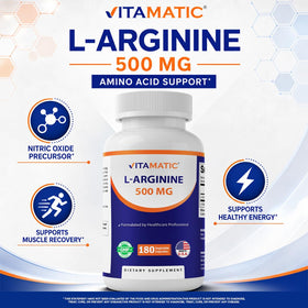 Vitamatic L-Arginine 500mg capsules végétariennes à côté d'une règle