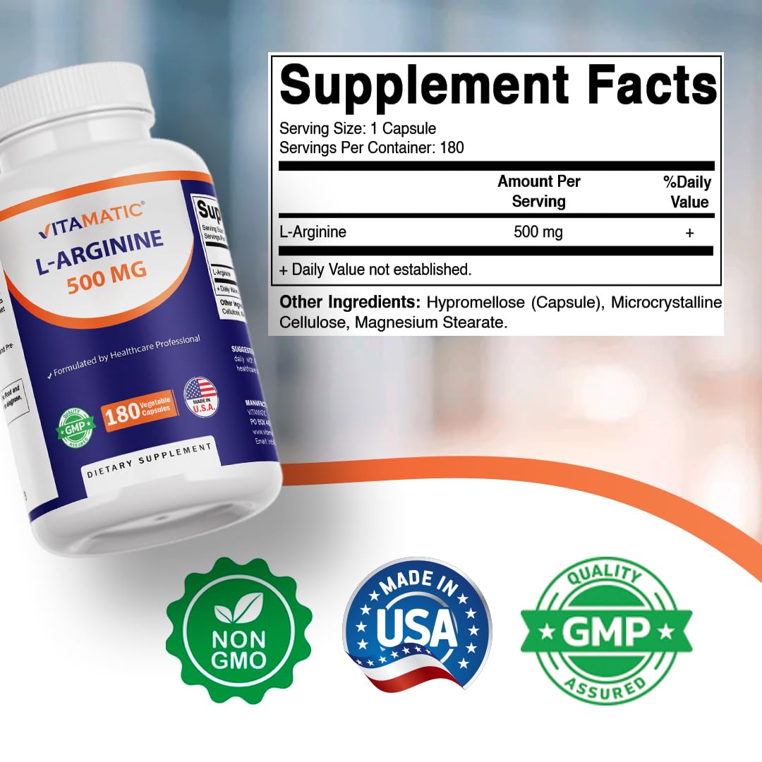 Vitamatic L-Arginine 500mg capsules végétariennes sur fond blanc