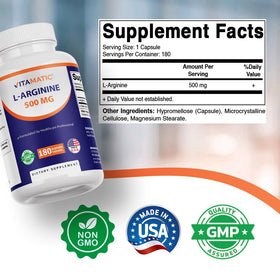 Vitamatic L-Arginine 500mg capsules végétariennes sur fond blanc