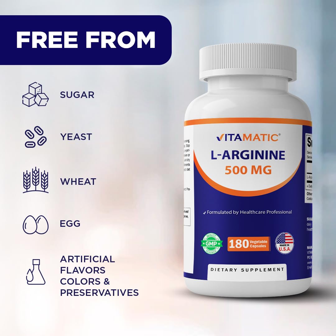 Vitamatic L-Arginine 500mg sur une table en bois