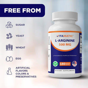 Vitamatic L-Arginine 500mg sur une table en bois