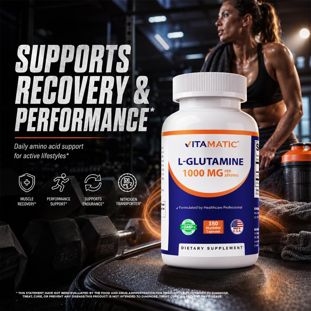 Vitamatic L-Glutamine 1000 mg capsules avec une cuillère