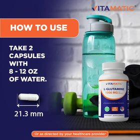 Vitamatic L-Glutamine 1000 mg capsules en gros plan