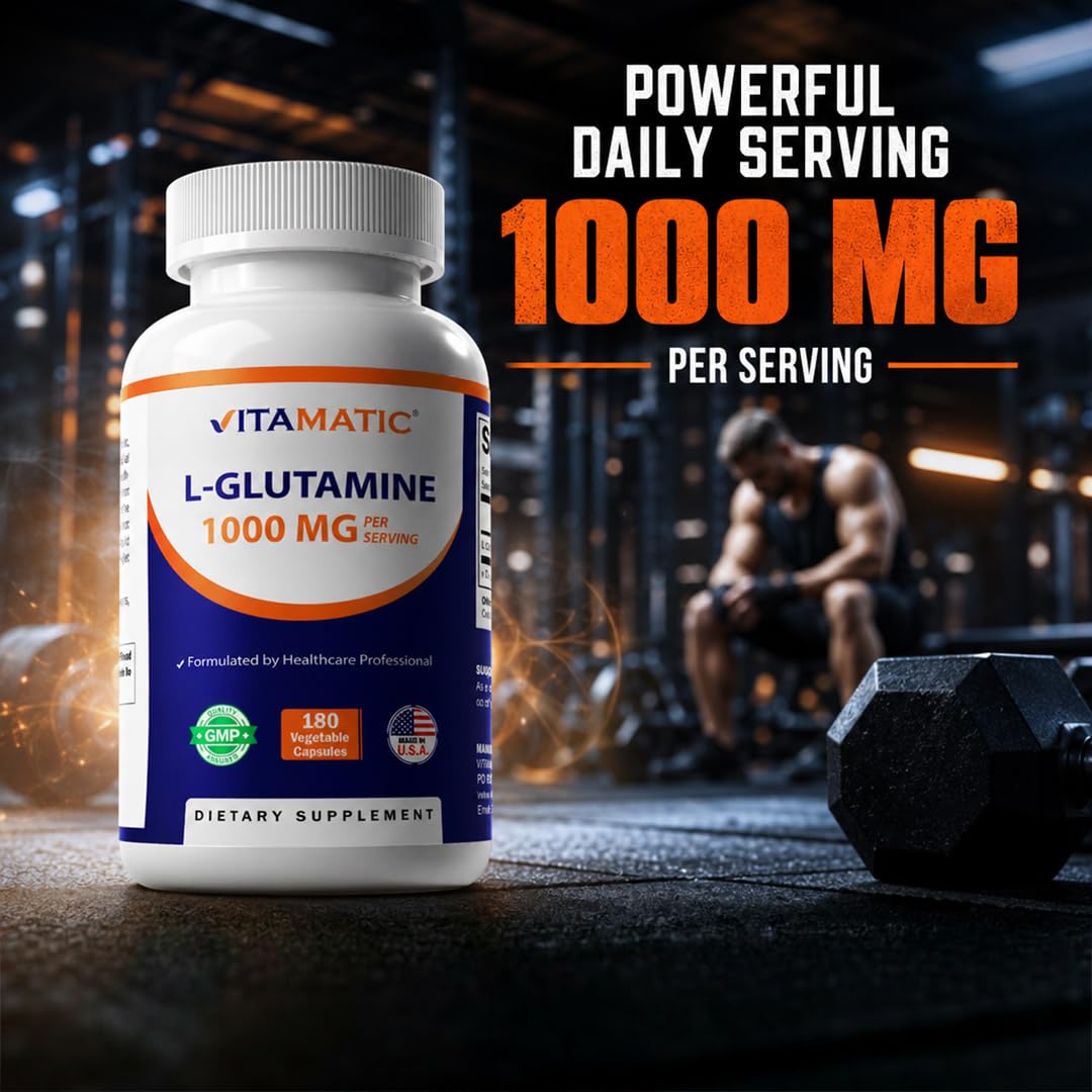 Vitamatic L-Glutamine 1000 mg flacon sur fond blanc