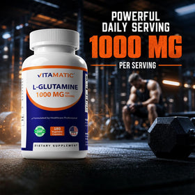 Vitamatic L-Glutamine 1000 mg flacon sur fond blanc