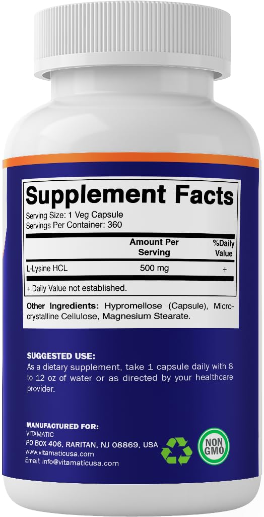 Vitamatic L-Lysine 500 mg capsules sur fond blanc