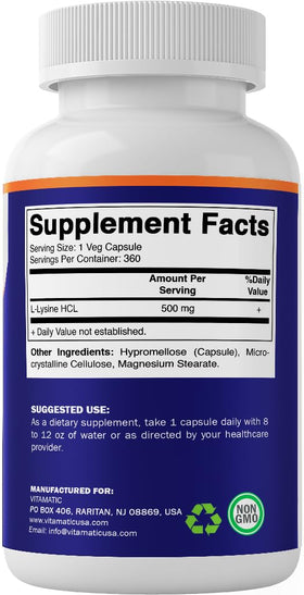 Vitamatic L-Lysine 500 mg capsules sur fond blanc