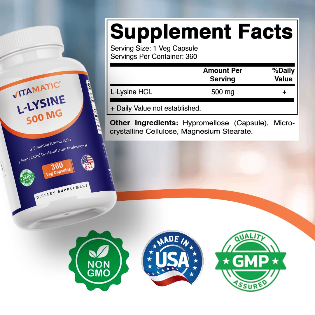 Vitamatic L-Lysine 500 mg capsules végétariennes avec étiquette