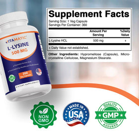 Vitamatic L-Lysine 500 mg capsules végétariennes avec étiquette