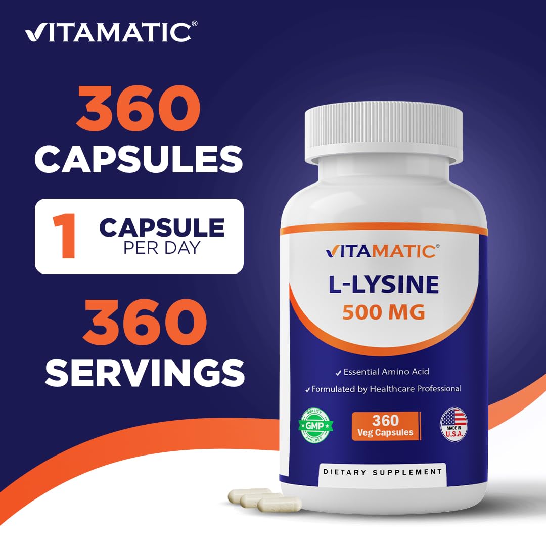 Vitamatic L-Lysine 500 mg capsules végétariennes sur une table