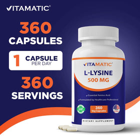 Vitamatic L-Lysine 500 mg capsules végétariennes sur une table