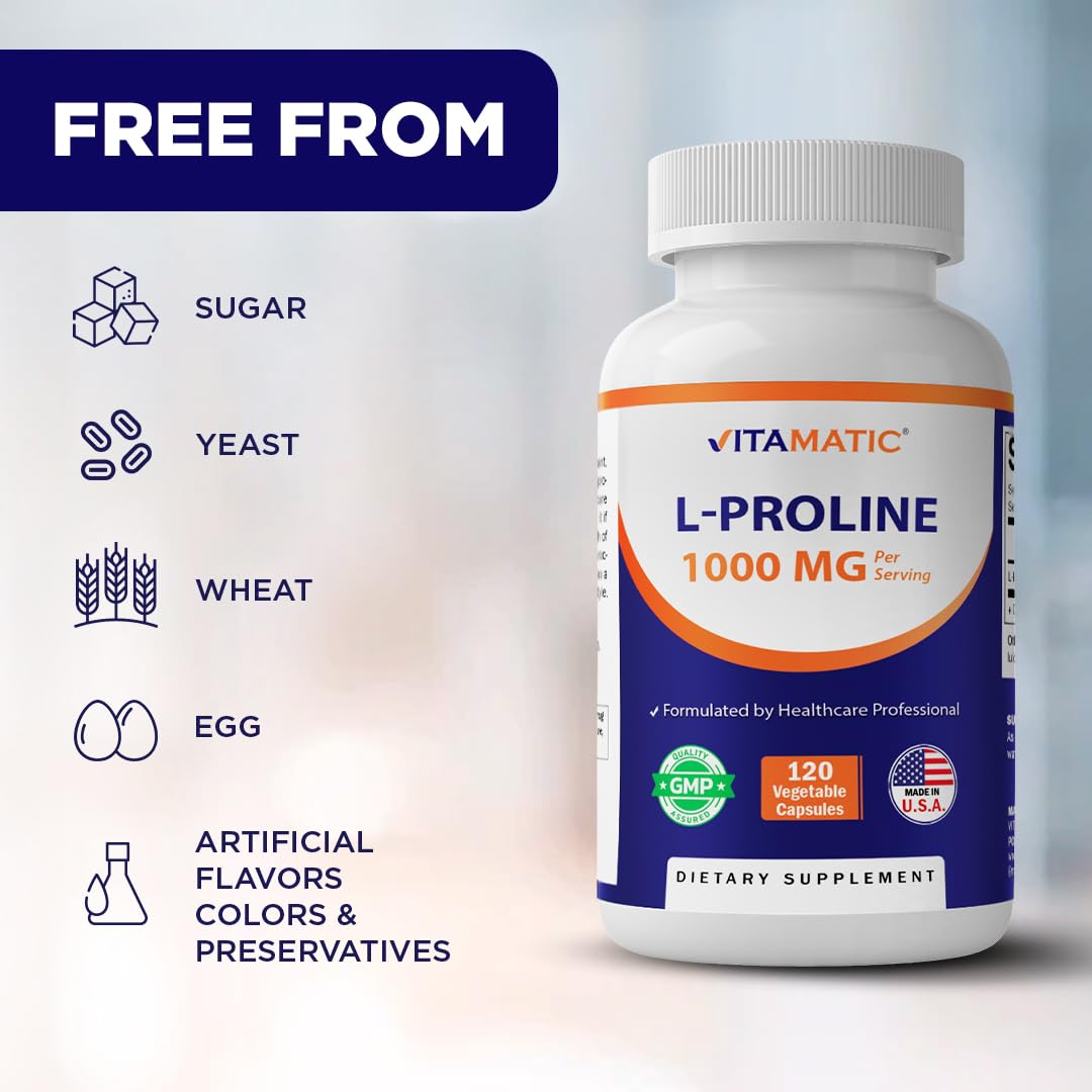 Vitamatic L-Proline 1000 MG avec gélules sur une table en bois
