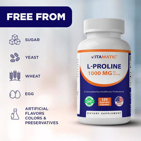 Vitamatic L-Proline 1000 MG avec gélules sur une table en bois