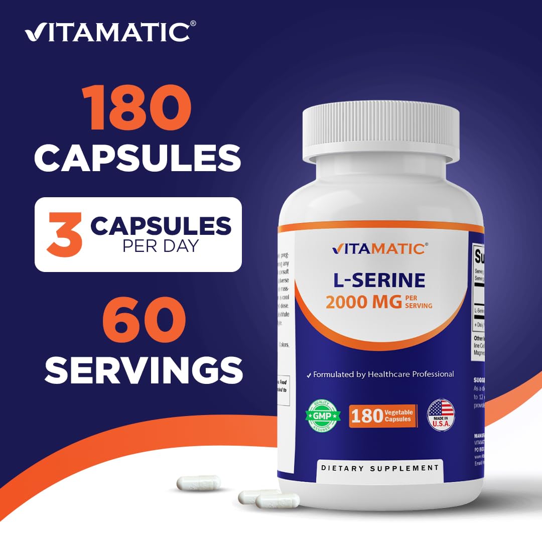 Vitamatic L-Serine 2000 mg 180 gélules végétales sur une surface