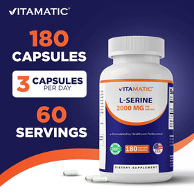Vitamatic L-Serine 2000 mg 180 gélules végétales sur une surface