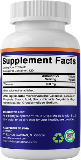 Vitamatic L-Théanine 400mg 240 comprimés sur fond blanc