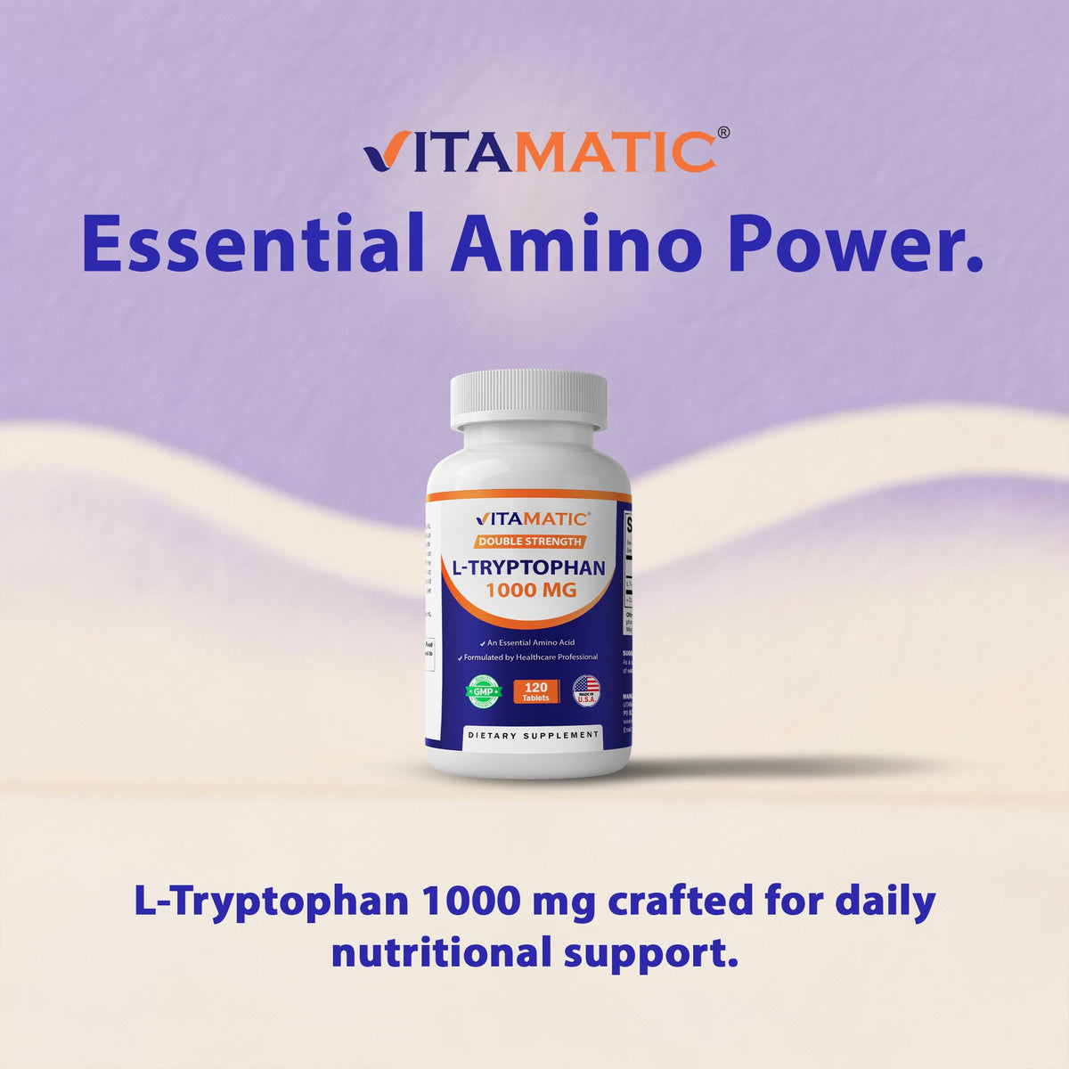 Vitamatic L-Tryptophan 1000 mg comprimés sur une table en bois