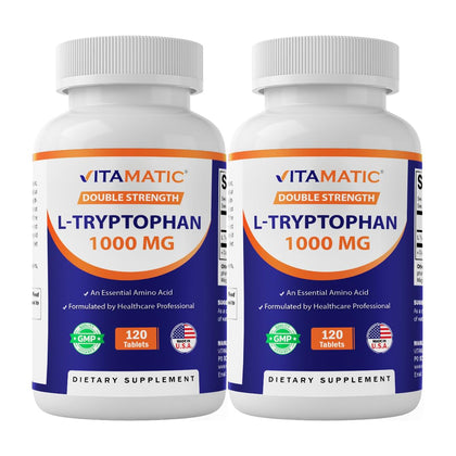 Vitamatic L-Tryptophan 1000 mg flacon avant vue avec 120 comprimés