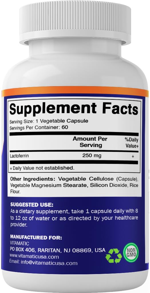 Vitamatic Lactoferrin 250mg capsules sur une table en bois