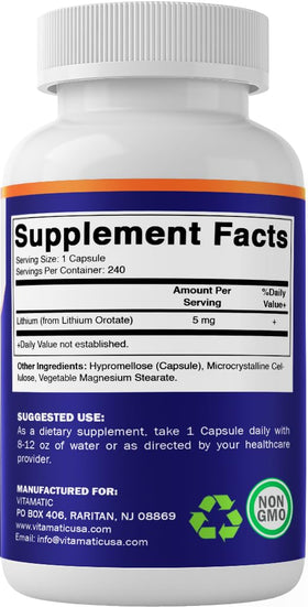 Vitamatic Lithium Orotate 5mg capsules avec un verre d'eau