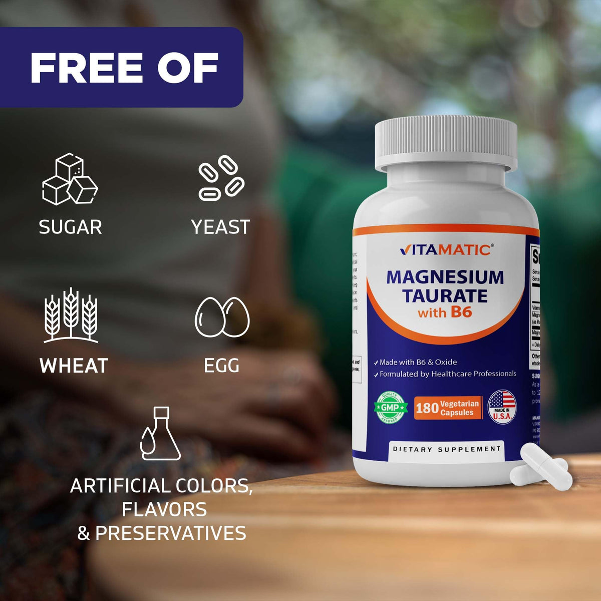 Vitamatic Magnésium Taurate 180 capsules dans un environnement de cuisine