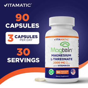 Vitamatic Magtein Magnésium L-Thréonate 2000 mg 3 capsules sur une table