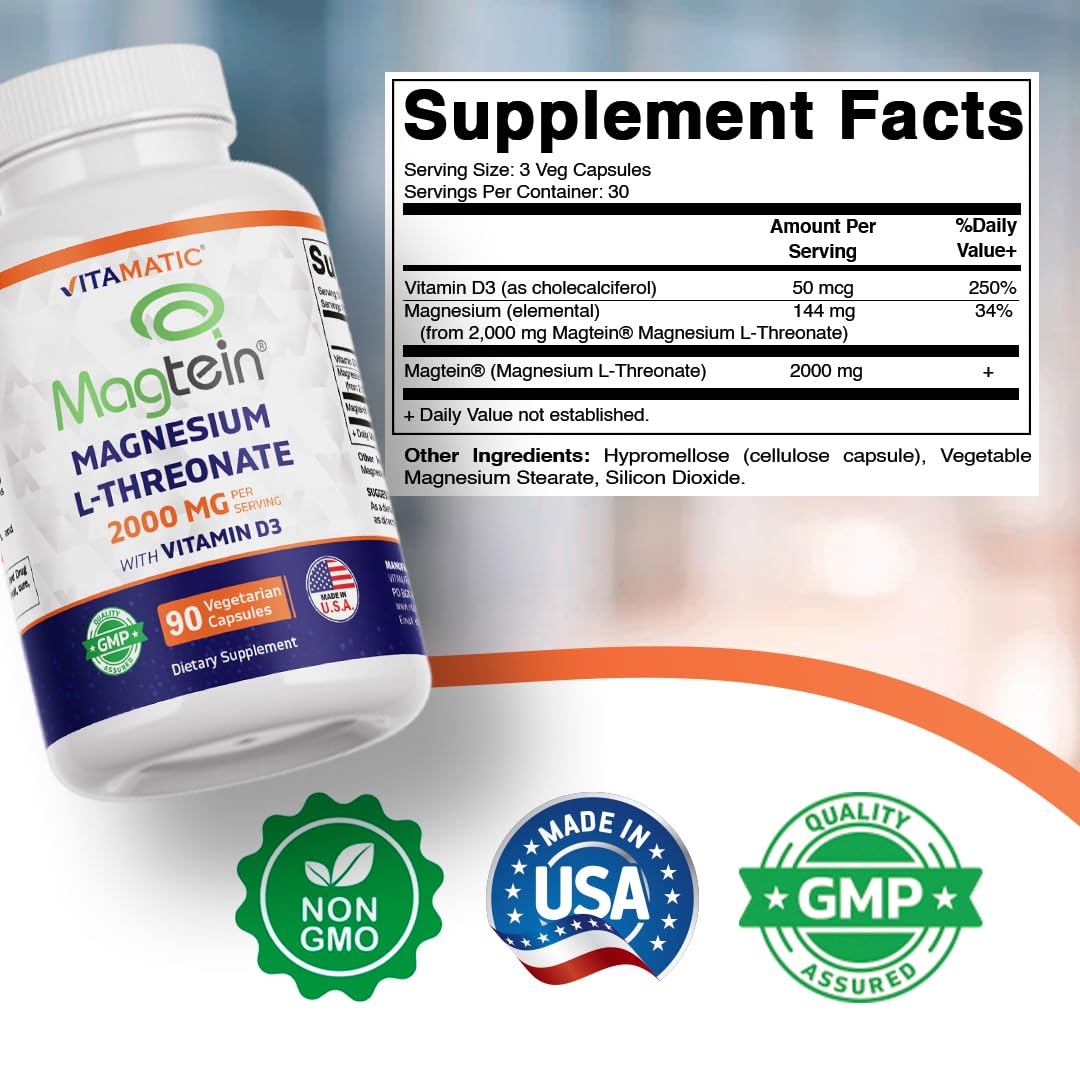 Vitamatic Magtein Magnésium L-Thréonate 2000 mg 90 capsules végétariennes emballage