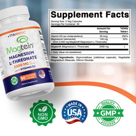 Vitamatic Magtein Magnésium L-Thréonate 2000 mg 90 capsules végétariennes emballage