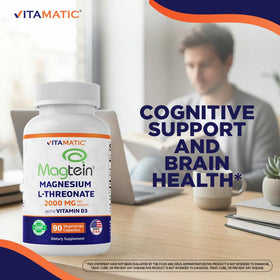 Vitamatic Magtein Magnésium L-Thréonate 2000 mg 90 capsules végétariennes sur fond blanc