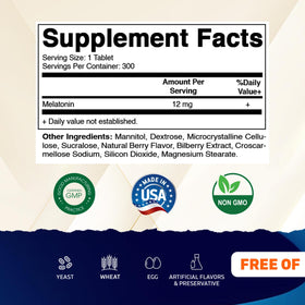 Vitamatic Melatonin 12 mg bouteille avec étiquette, vue de côté