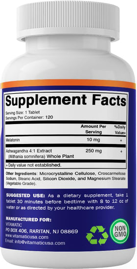 Vitamatic Melatonine 10 mg, comprimés sur une surface blanche