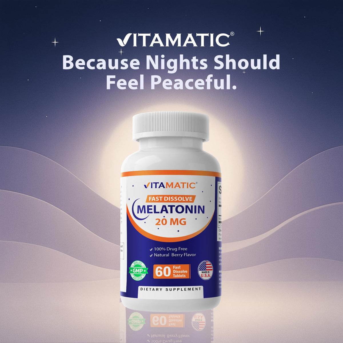 Vitamatic Melatonine 20 mg comprimés à dissolution rapide sur une table