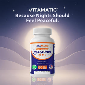 Vitamatic Melatonine 20 mg comprimés à dissolution rapide sur une table