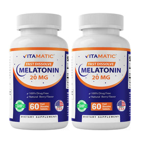 Vitamatic Melatonine 20 mg paquet avant avec 60 comprimés à dissolution rapide